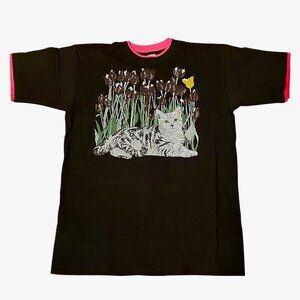 VINTAGE 80's Cat Tulip Floral Art Tee Shirt Black w/Pink Trim Size XL (46-48)